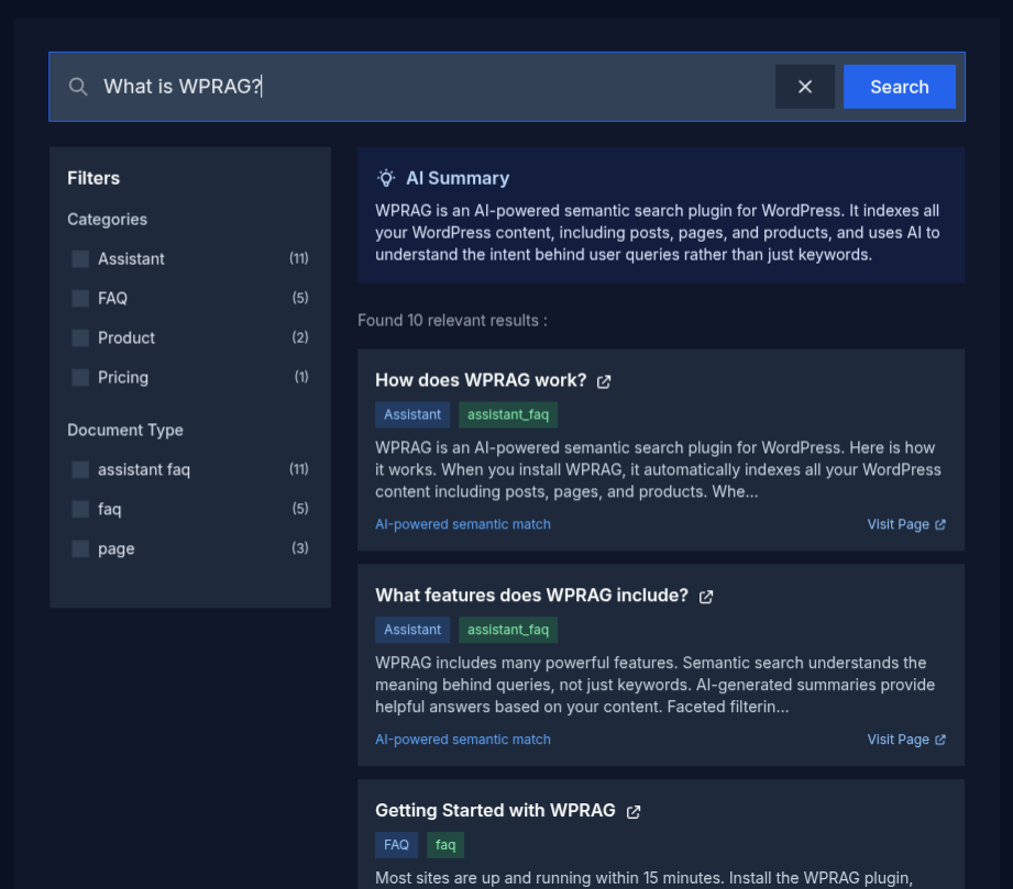 WPRAG Smart Search Demo showing AI-powered search results with faceted filters and AI summary